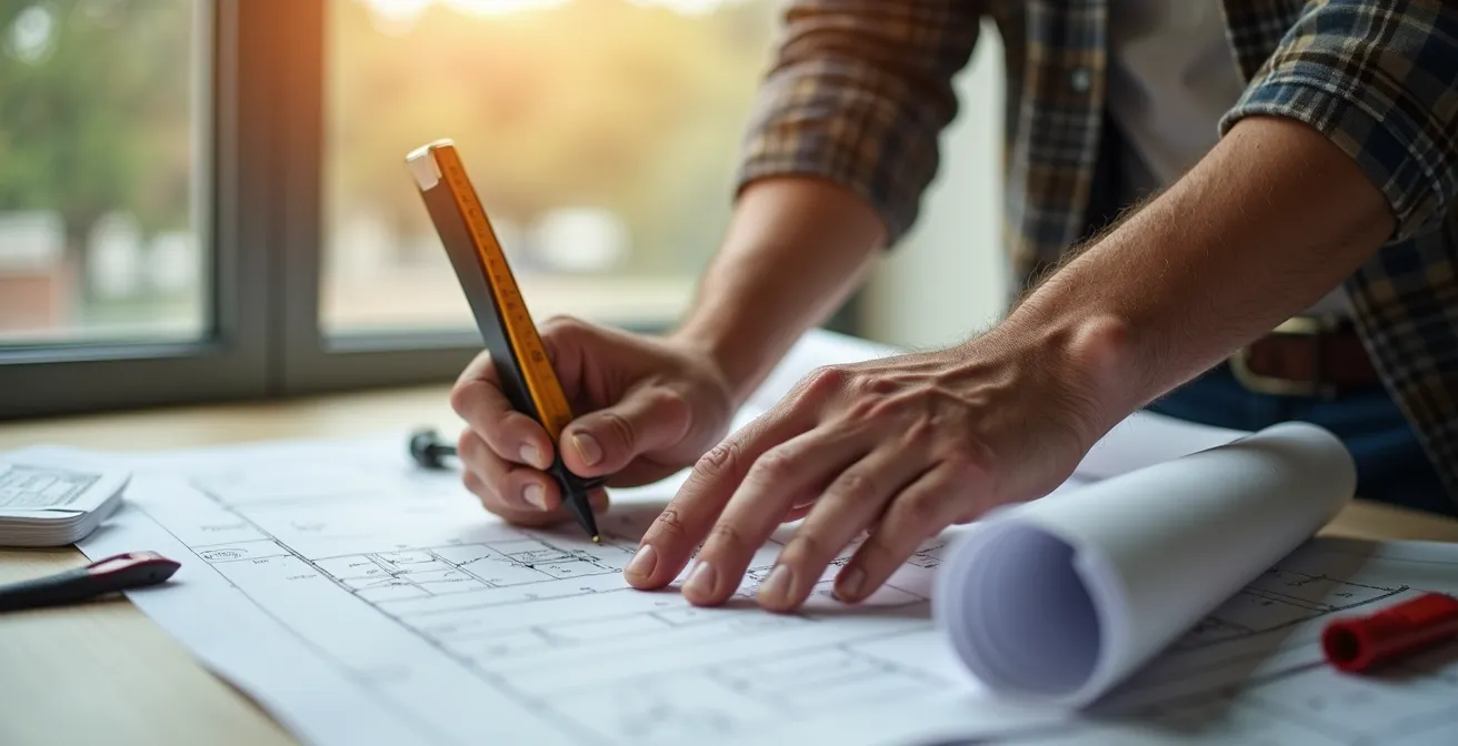 Mains d'expert analysant des plans de construction avec une approche réfléchie