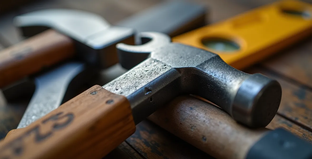 Détail macro d'outils de différents corps de métier entrelacés harmonieusement