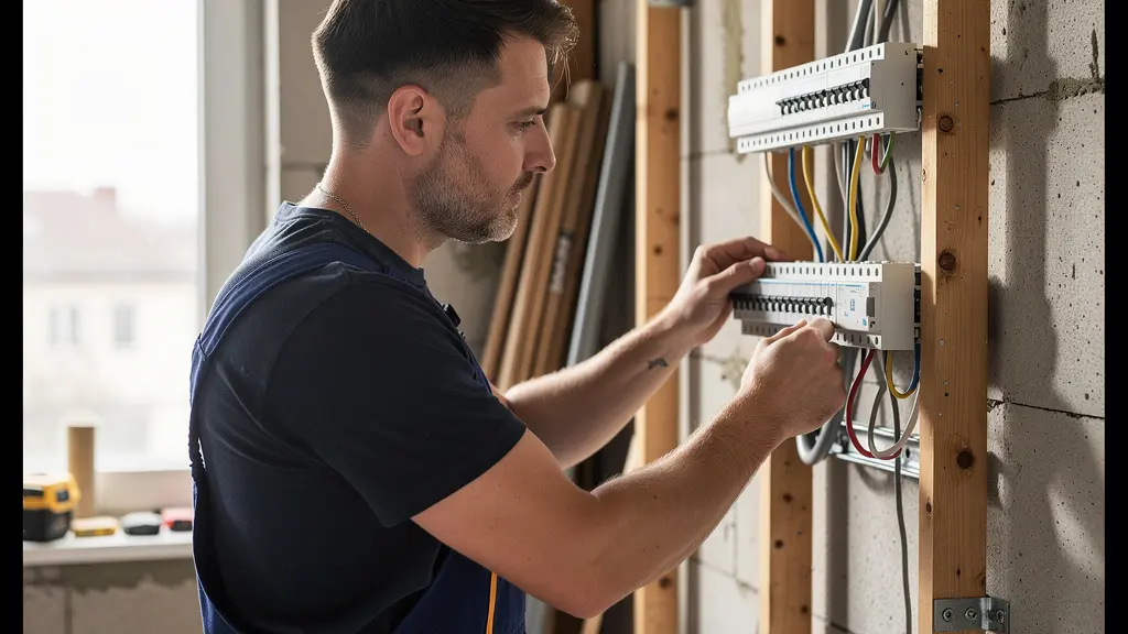 Artisan qualifié inspectant une installation électrique sur chantier de rénovation haut de gamme