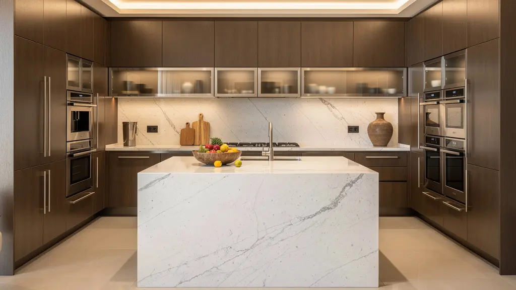 Cuisine moderne haut de gamme avec îlot central en marbre et équipements premium