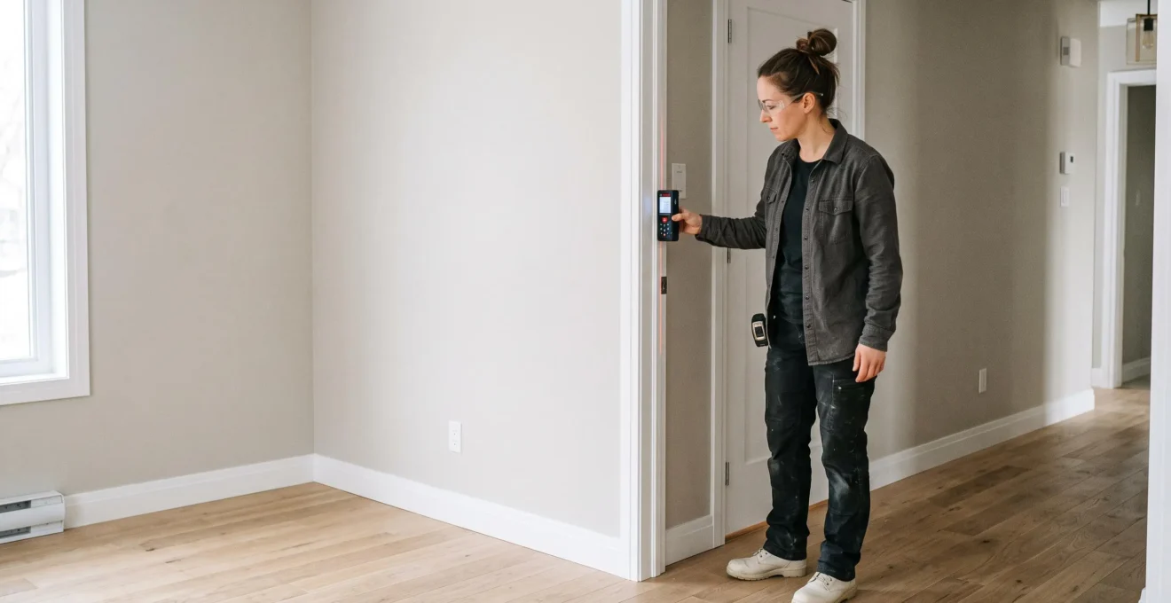 General contractor using a measuring tool to verify door frame alignment during quality control inspection in a newly renovated Quebec home