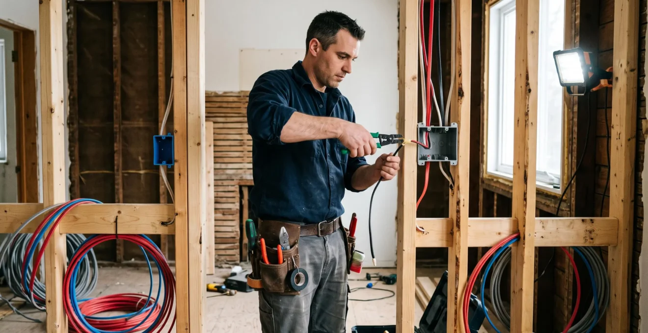 Licensed electrician installing electrical wiring through exposed wall studs during the systems phase of a Quebec home renovation