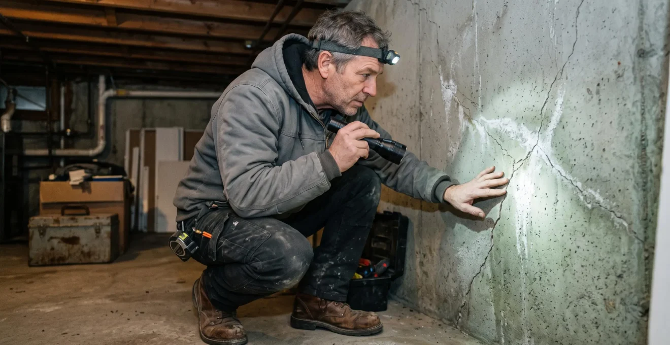 General contractor examining concrete foundation walls for structural damage in a Quebec basement during renovation assessment