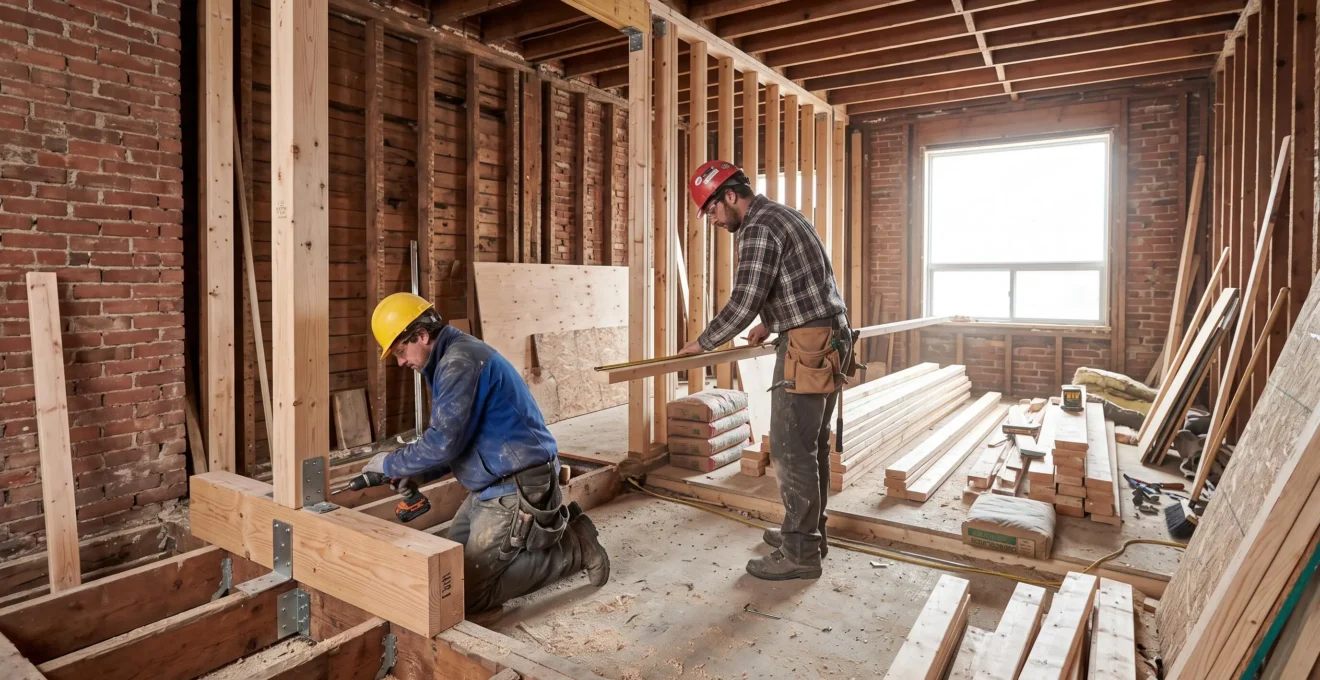 Construction workers reinforcing wooden structural beams inside a Quebec residential property undergoing major renovation